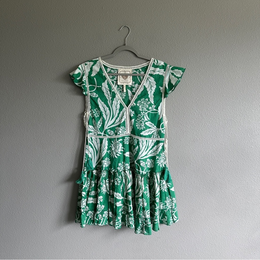 Z&L Green and White Ruffled Floral Sundress Large